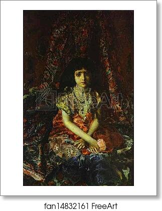 Free art print of Portrait of a Girl against a Persian Carpet by Mikhail Vrubel