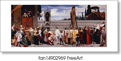 Free art print of Cimabue's Celebrated Madonna is Carried in Procession through the Streets of Florence; in front of the Madonna, and Crowned with Laurels, Walks CImabue Himself, with his Pupil Giotto; Behind It Arnolfo Di Lapo, Gaddo Gaddi, Andrea Tafi, Niccola Pisano, Bu by Frederick Leighton