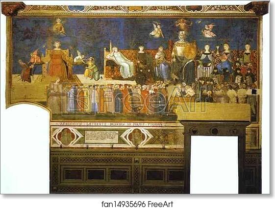 Free art print of Allegory of Good Government. Top right: Allegorical Personifications of Faith, Charity and Hope. Left: Peace, Fortitude, Prudence. Middle: Good Government. Right: Magnanimity, Temperance, Justice by Ambrogio Lorenzetti
