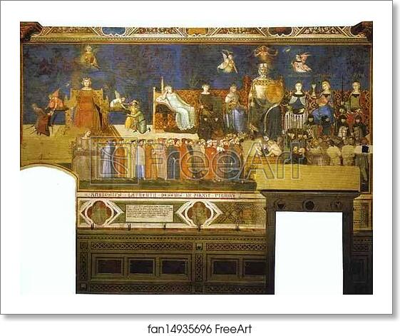 Free art print of Allegory of Good Government. Top right: Allegorical Personifications of Faith, Charity and Hope. Left: Peace, Fortitude, Prudence. Middle: Good Government. Right: Magnanimity, Temperance, Justice by Ambrogio Lorenzetti Free art print of Allegory of Good Government. Top right: Allegorical Personifications of Faith, Charity and Hope. Left: Peace, Fortitude, Prudence. Middle: Good Government. Right: Magnanimity, Temperance, Justice by Ambrogio Lorenzetti
