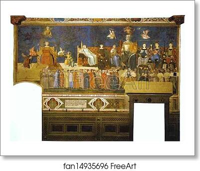Free art print of Allegory of Good Government. Top right: Allegorical Personifications of Faith, Charity and Hope. Left: Peace, Fortitude, Prudence. Middle: Good Government. Right: Magnanimity, Temperance, Justice by Ambrogio Lorenzetti