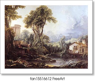 Free art print of Landscape with a Temple and a Watermill by François Boucher