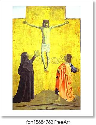 Free art print of Crucifixion. Pediment panel of the Polyptych of the Misericordia by Piero Della Francesca