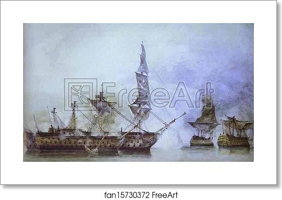 Free art print of 'His Majesty's Ship "Victory", Capt. E. Harvey, in the Memorable Battle of Trafalgar between two French Ships of the Line' by John Constable Free art print of 'His Majesty's Ship "Victory", Capt. E. Harvey, in the Memorable Battle of Trafalgar between two French Ships of the Line' by John Constable