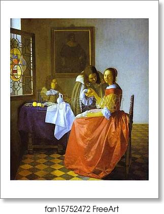 Free art print of Woman and Two Man by Jan Vermeer