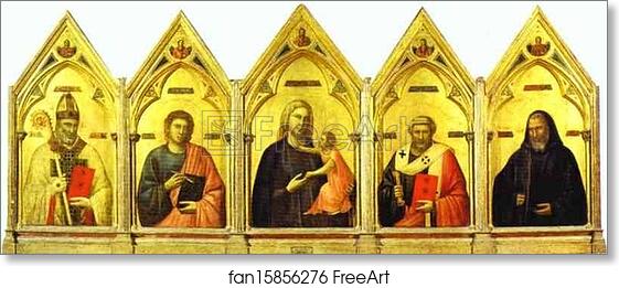 Free art print of Madonna and Child with St. Nicholas, St. John the Evangelist, St. Peter and St. Benedict (Badia Polyptych) by Giotto