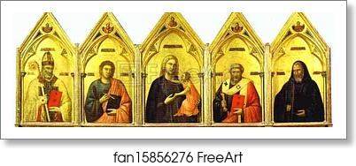 Free art print of Madonna and Child with St. Nicholas, St. John the Evangelist, St. Peter and St. Benedict (Badia Polyptych) by Giotto