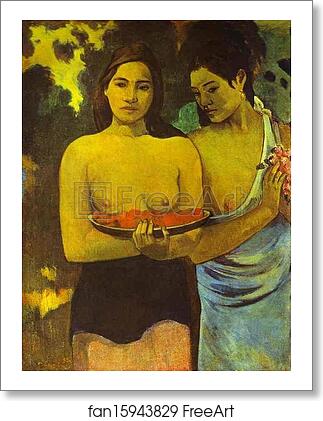 Free art print of Two Tahitian Women with Mango Blossoms by Paul Gauguin