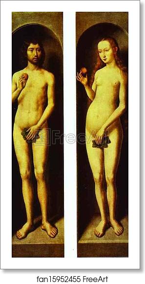 Free art print of Adam and Eve. The reverse side of the wings of the Altar of Saints John the the Baptist and John the Evangelist by Hans Memling