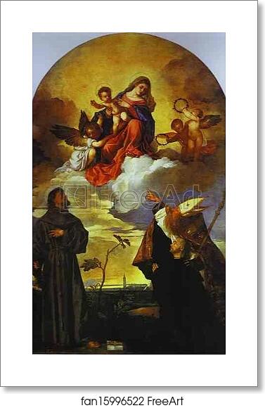 Free art print of Madonna in Glory with the Christ Child and Saints Francis and Alvise with the Donor Alvise Gozzi by Titian Free art print of Madonna in Glory with the Christ Child and Saints Francis and Alvise with the Donor Alvise Gozzi by Titian