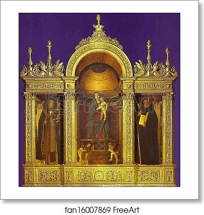 Free art print of Frari Triptych, general view. Madonna and Child with Two Musical Angels Between SS. Nicholas, Peter, Mark, and Benedict by Giovanni Bellini