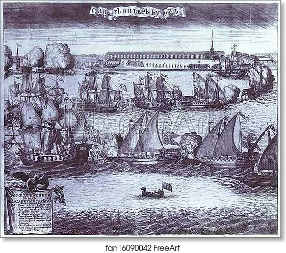 Free art print of The Bringing of 4 Swedish Frigates in St. Petersburg after the Victory in the Battle of Grengam, September 8 1720 by Alexey Zubov