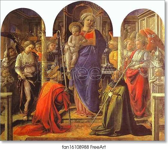 Free art print of Virgin and Child Surrounded by Angels with St. Frediano and St. Augustine (The Barbadori Altarpiece) by Fra Filippo Lippi