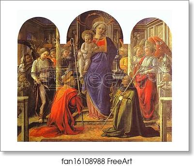 Free art print of Virgin and Child Surrounded by Angels with St. Frediano and St. Augustine (The Barbadori Altarpiece) by Fra Filippo Lippi