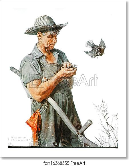 Free art print of Farmer and Birds by Norman Rockwell