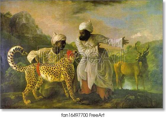 Free art print of Cheetah with Two Indian Attendants and a Stag by George Stubbs