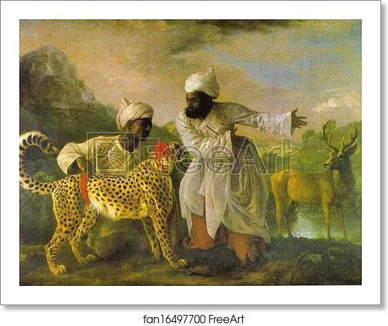 Free art print of Cheetah with Two Indian Attendants and a Stag by George Stubbs
