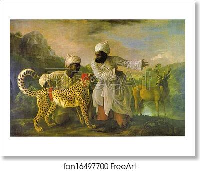 Free art print of Cheetah with Two Indian Attendants and a Stag by George Stubbs
