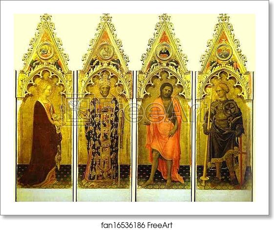 Free art print of St. Mary Magdalene, St. Nicholas of Bari, St. John the Baptist, St. George. Side panels of the Quaratesi Polyptych by Gentile Da Fabriano
