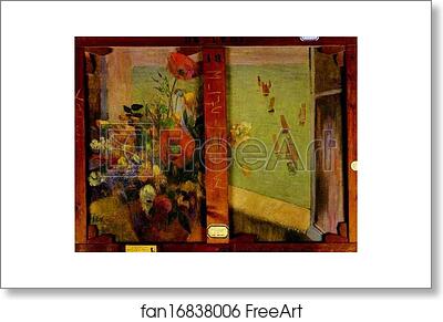 Free art print of Bouquet of Flowers with a Window Open to the Sea (Reverse of Hay-Making in Brittany) by Paul Gauguin