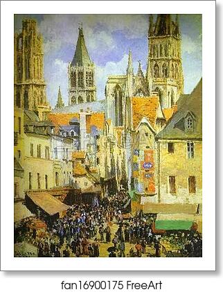 Free art print of The Old Market-Place in Rouen and the Rue de l'Epicerie by Camille Pissarro