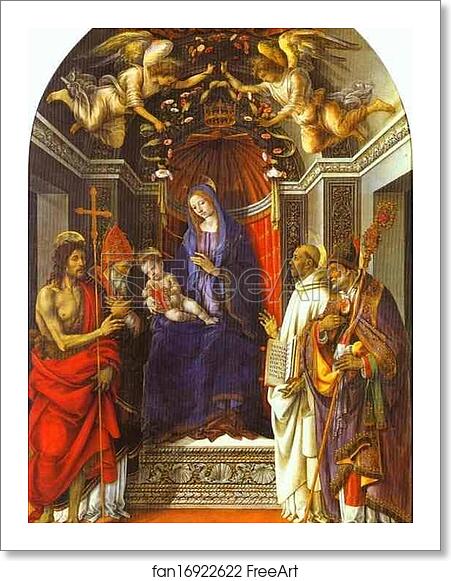 Free art print of Madonna and Child Enthroned with St John the Baptist, St Victor, St Bernard and St Zenobius ("Altarpiece of the Otto di Pratica") by Filippino Lippi