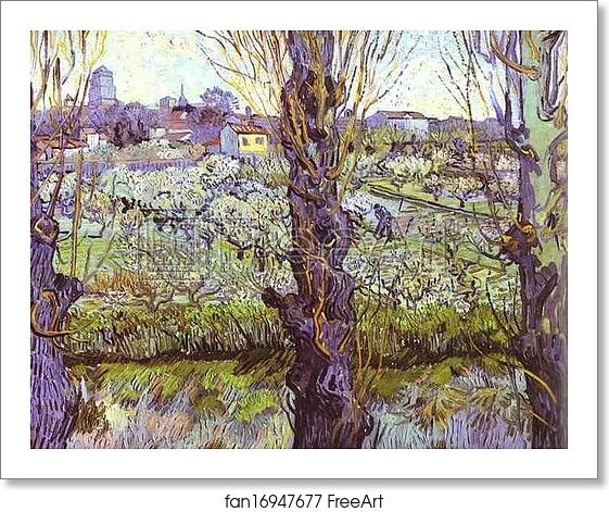 Free art print of View of Arles. Orchard in Bloom with Poplars in the Forefront by Vincent Van Gogh Free art print of View of Arles. Orchard in Bloom with Poplars in the Forefront by Vincent Van Gogh