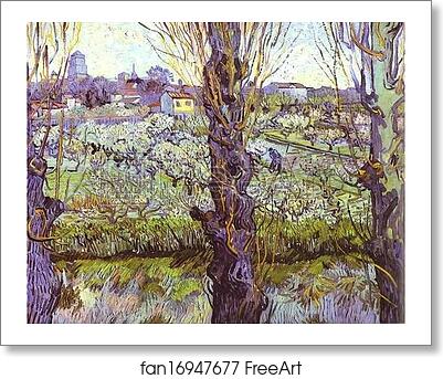 Free art print of View of Arles. Orchard in Bloom with Poplars in the Forefront by Vincent Van Gogh
