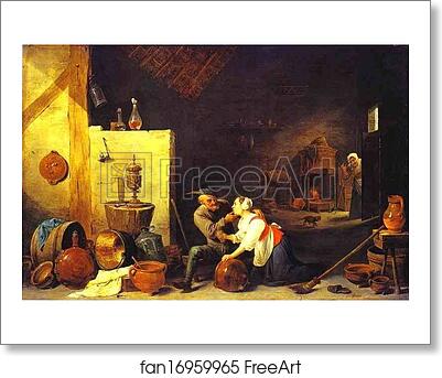Free art print of An Old Peasant Caresses a Kitchen Maid in a Stable by David Teniers The Younger