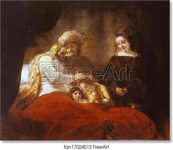 Free art print of Jacob Blessing the Sons of Joseph by Rembrandt Harmenszoon Van Rijn