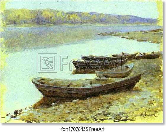 Free art print of Landscape on the Volga. Boats by the Riverbank by Isaac Levitan