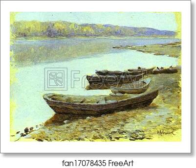 Free art print of Landscape on the Volga. Boats by the Riverbank by Isaac Levitan