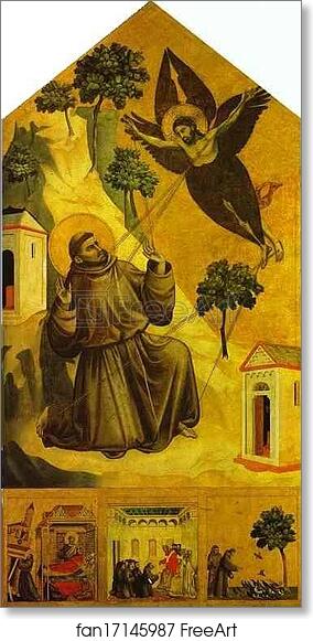 Free art print of St. Francis Receiving the Stigmata with Three Scenes from His Legend: The Vision of Pope Innocent III, the Pope Receiving the Statutes of the order of St. Francis, and St. Francis Preaching to the Birds by Giotto