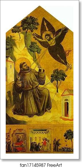 Free art print of St. Francis Receiving the Stigmata with Three Scenes from His Legend: The Vision of Pope Innocent III, the Pope Receiving the Statutes of the order of St. Francis, and St. Francis Preaching to the Birds by Giotto