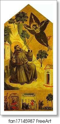 Free art print of St. Francis Receiving the Stigmata with Three Scenes from His Legend: The Vision of Pope Innocent III, the Pope Receiving the Statutes of the order of St. Francis, and St. Francis Preaching to the Birds by Giotto