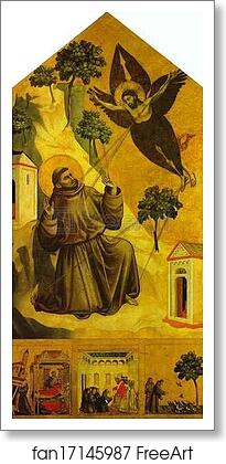 Free art print of St. Francis Receiving the Stigmata with Three Scenes from His Legend: The Vision of Pope Innocent III, the Pope Receiving the Statutes of the order of St. Francis, and St. Francis Preaching to the Birds by Giotto Free art print of St. Francis Receiving the Stigmata with Three Scenes from His Legend: The Vision of Pope Innocent III, the Pope Receiving the Statutes of the order of St. Francis, and St. Francis Preaching to the Birds by Giotto