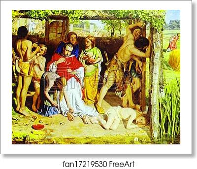 Free art print of A Converted British Family Sheltering a Christian Priest from the Persecution of the Druids by William Holman Hunt
