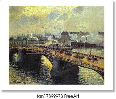 Free art print of The Boieldiieu Bridge at Rouen, Setting Sun, Foggy Weather by Camille Pissarro