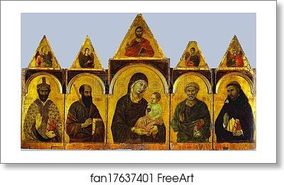 Free art print of Polyptych No. 28 (The Holy Virgin with the Christ Child and Four Saints) by Duccio Di Buoninsegna