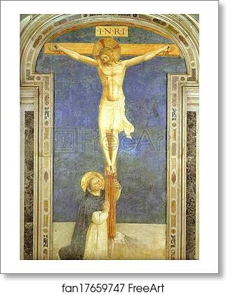 Free art print of Christ on the Cross Adored by St. Dominic by Fra Angelico