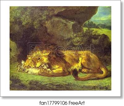 Free art print of Lion Devouring a Rabbit by Eugène Delacroix