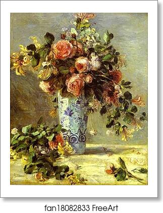 Free art print of Roses and Jasmin in a Delft Vase. (Les roses et jasmin dans le vase de Delft) by Pierre-Auguste Renoir