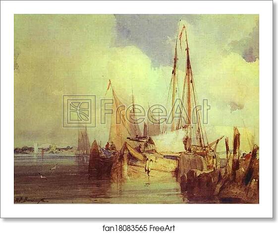 Free art print of French River Scene with Fishing Boats by Richard Parkes Bonington Free art print of French River Scene with Fishing Boats by Richard Parkes Bonington