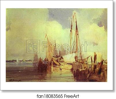 Free art print of French River Scene with Fishing Boats by Richard Parkes Bonington