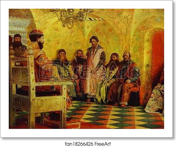 Free art print of Tzar Mikhail Fedorovich Holding Council with the Boyars in His Royal Chamber by Andrey Ryabushkin Free art print of Tzar Mikhail Fedorovich Holding Council with the Boyars in His Royal Chamber by Andrey Ryabushkin