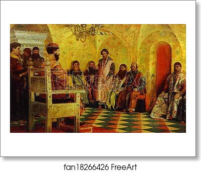 Free art print of Tzar Mikhail Fedorovich Holding Council with the Boyars in His Royal Chamber by Andrey Ryabushkin