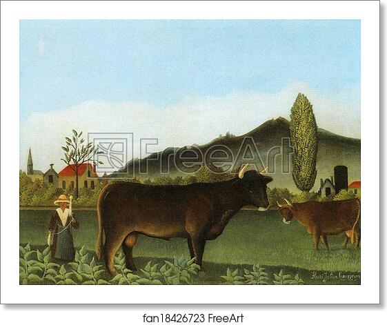 Free art print of Landscape with Cattle. / Paysage avec vaches by Henri Rousseau
