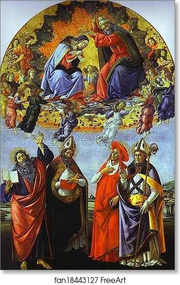 Free art print of Coronation of the Virgin with the Saints John the Evangelist, Augustine, Jerome and Eligius. (San Marco altarpiece) by Alessandro Botticelli