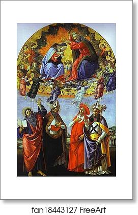 Free art print of Coronation of the Virgin with the Saints John the Evangelist, Augustine, Jerome and Eligius. (San Marco altarpiece) by Alessandro Botticelli