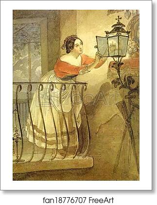 Free art print of Italian Woman Lightning a Lamp Before the Image of Madonna by Karl Brulloff